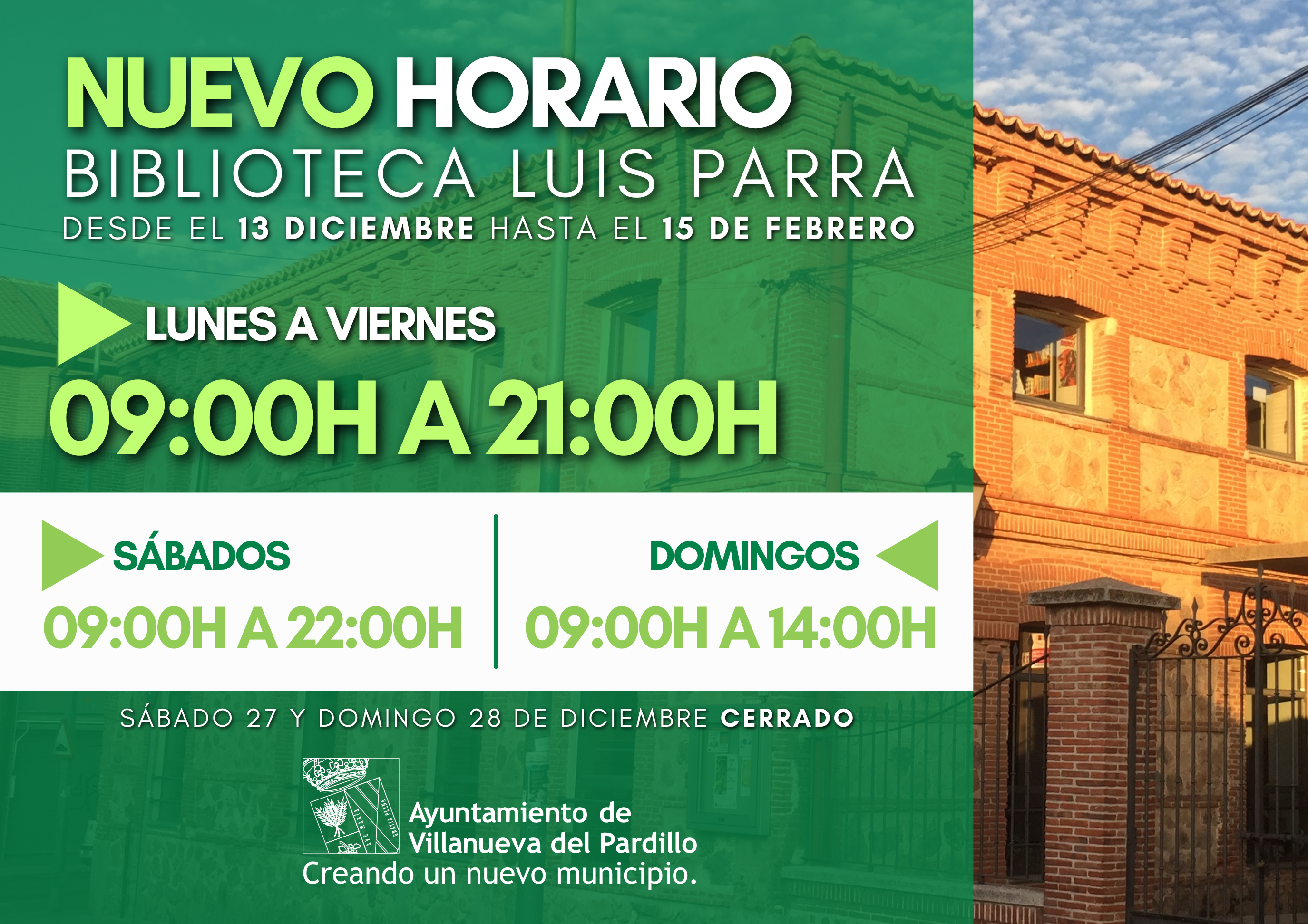 Villanueva del Pardillo amplía el horario de su Biblioteca Municipal y abre los fines de semana durante diciembre, enero y febrero